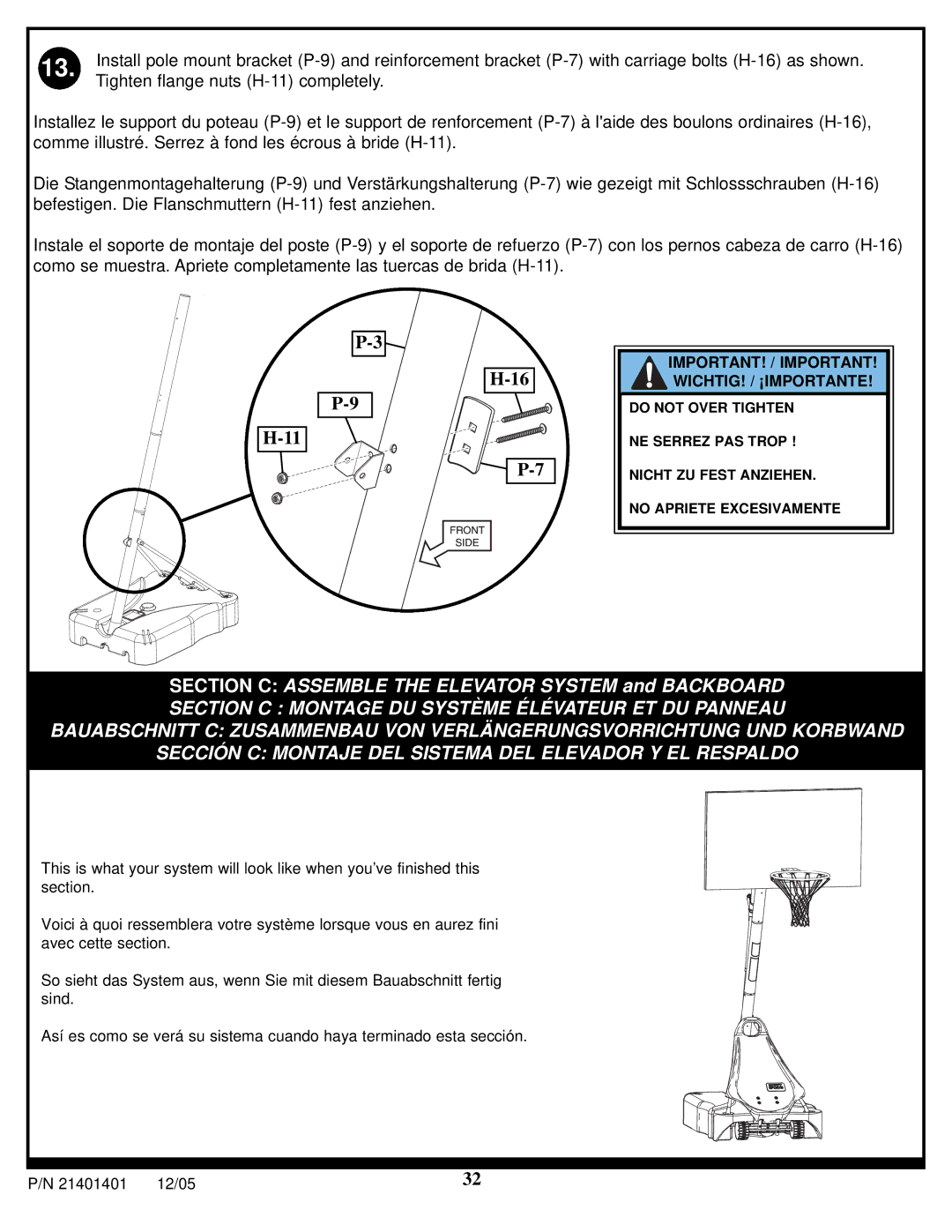 Huffy N5-101 manual Section C Assemble the Elevator System and Backboard 