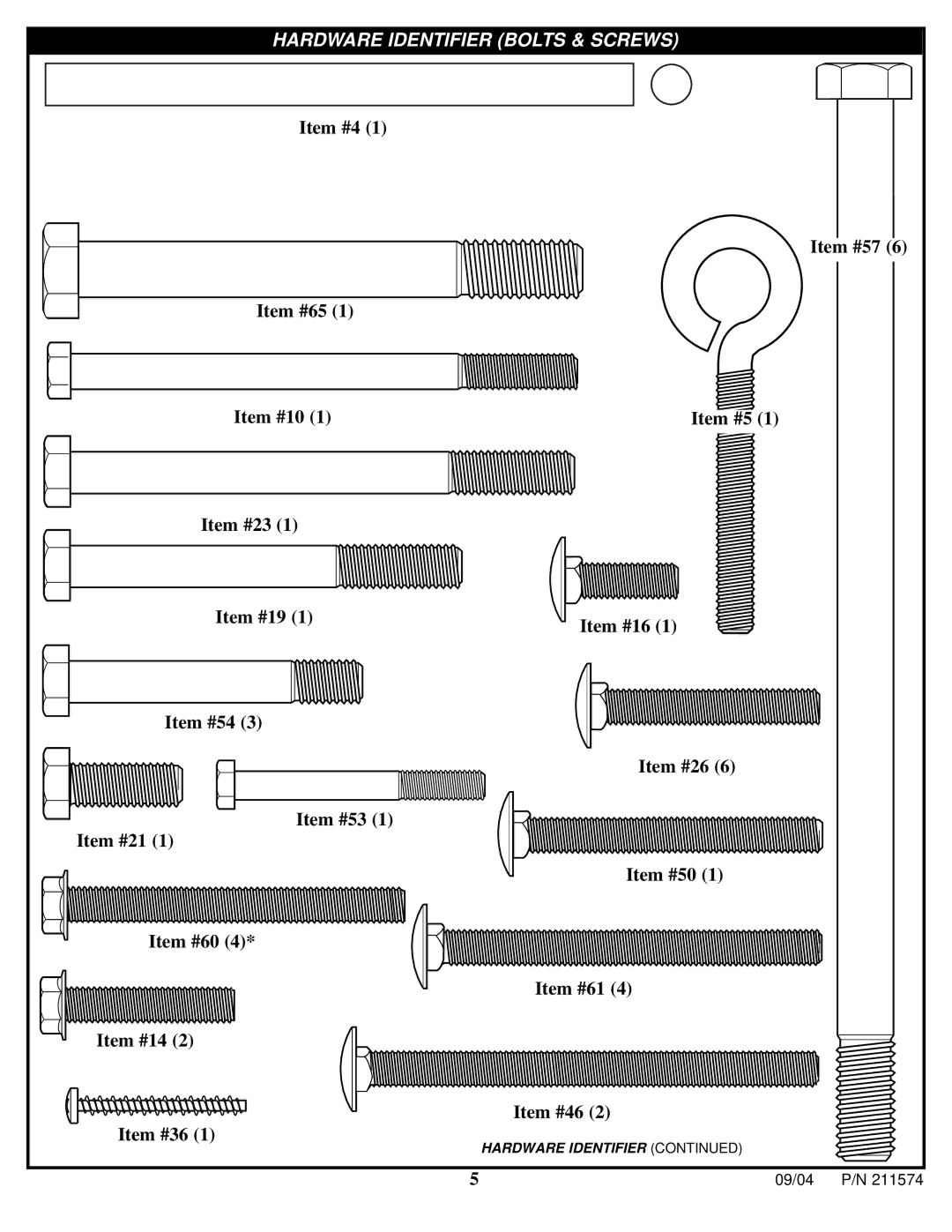 Huffy N53 W24700 manual Hardware Identifier Bolts & Screws 