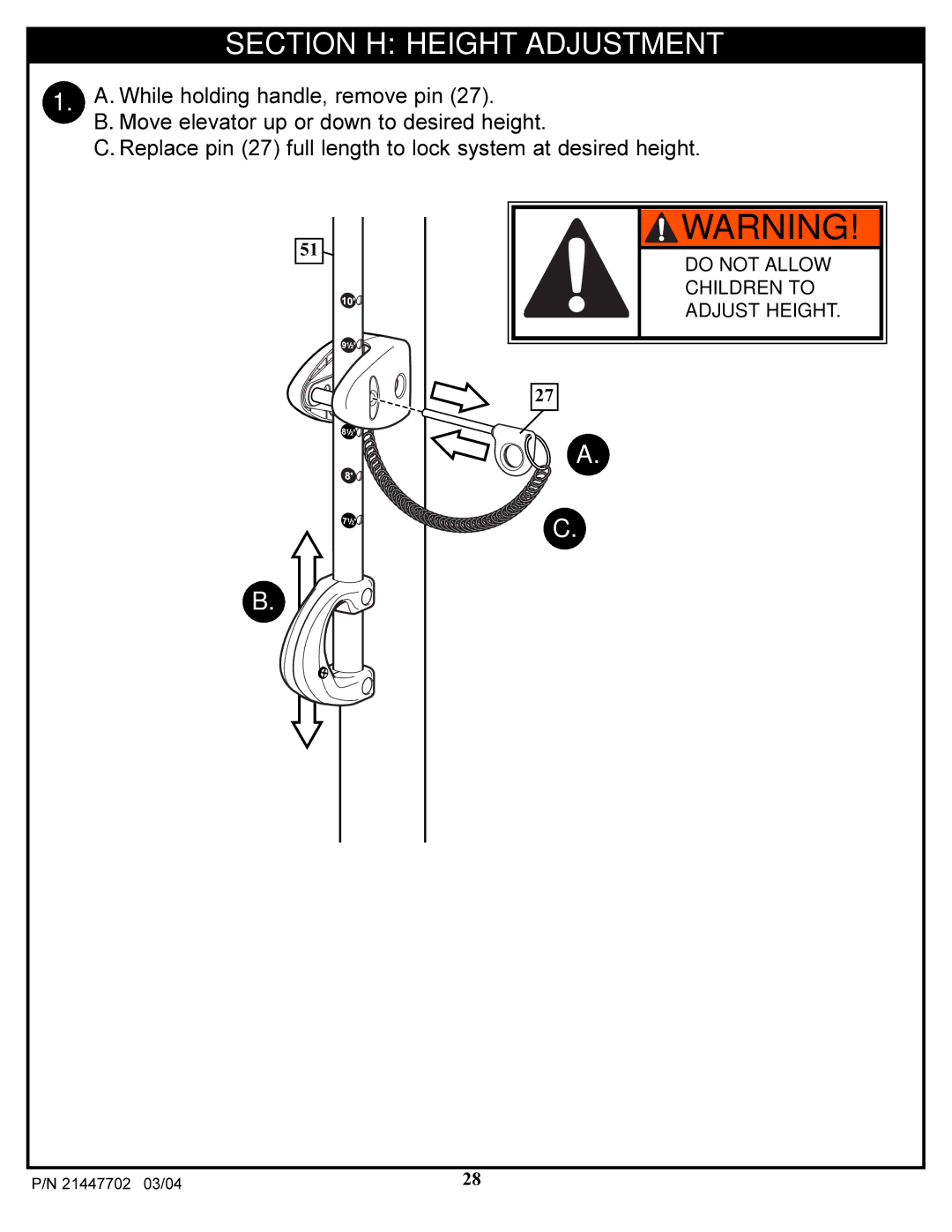 Huffy NCS102 manual Section H Height Adjustment 