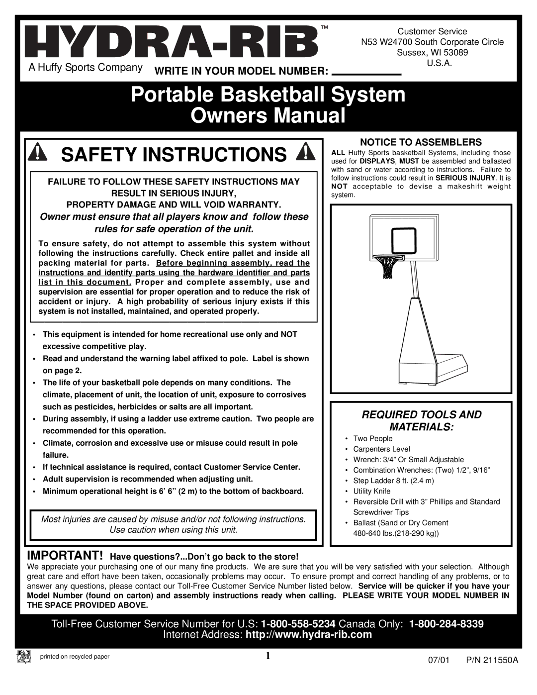 Huffy NT9110 manual Portable Basketball System, IMPORTANT! Have questions?...Don’t go back to the store 