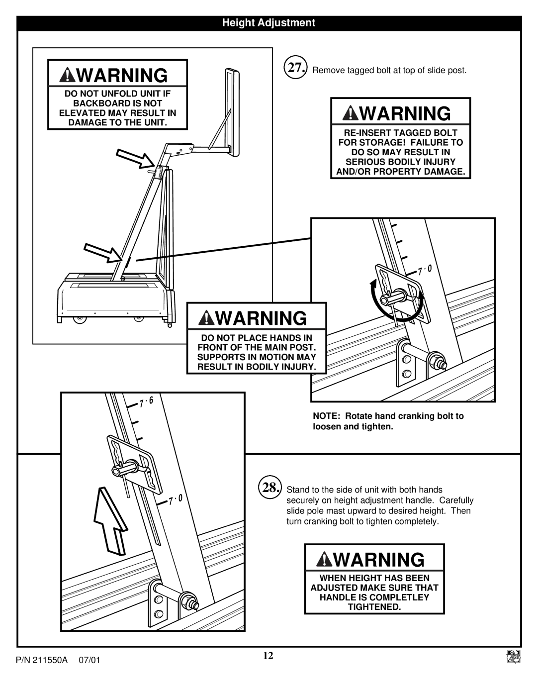 Huffy NT9110 Loosen and tighten, Stand to the side of unit with both hands, Slide pole mast upward to desired height. Then 