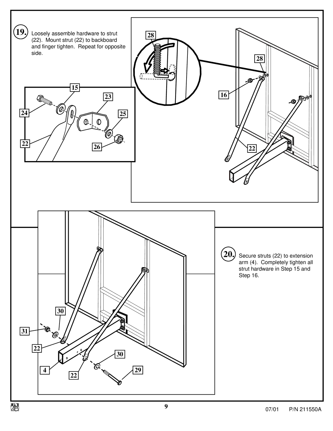 Huffy NT9110 manual Secure struts 22 to extension, Arm 4. Completely tighten all, Strut hardware, 01 211550A 