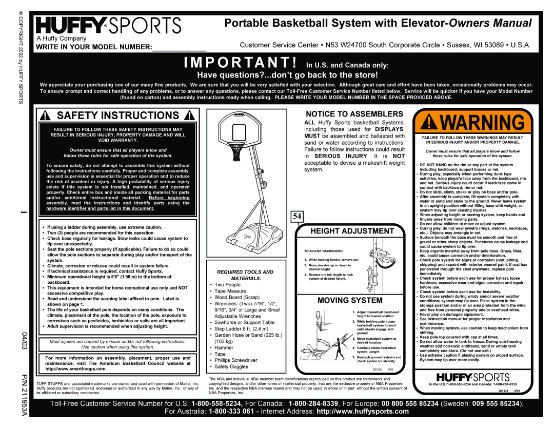 Huffy ortable Basketball System manual Safety Instructions 