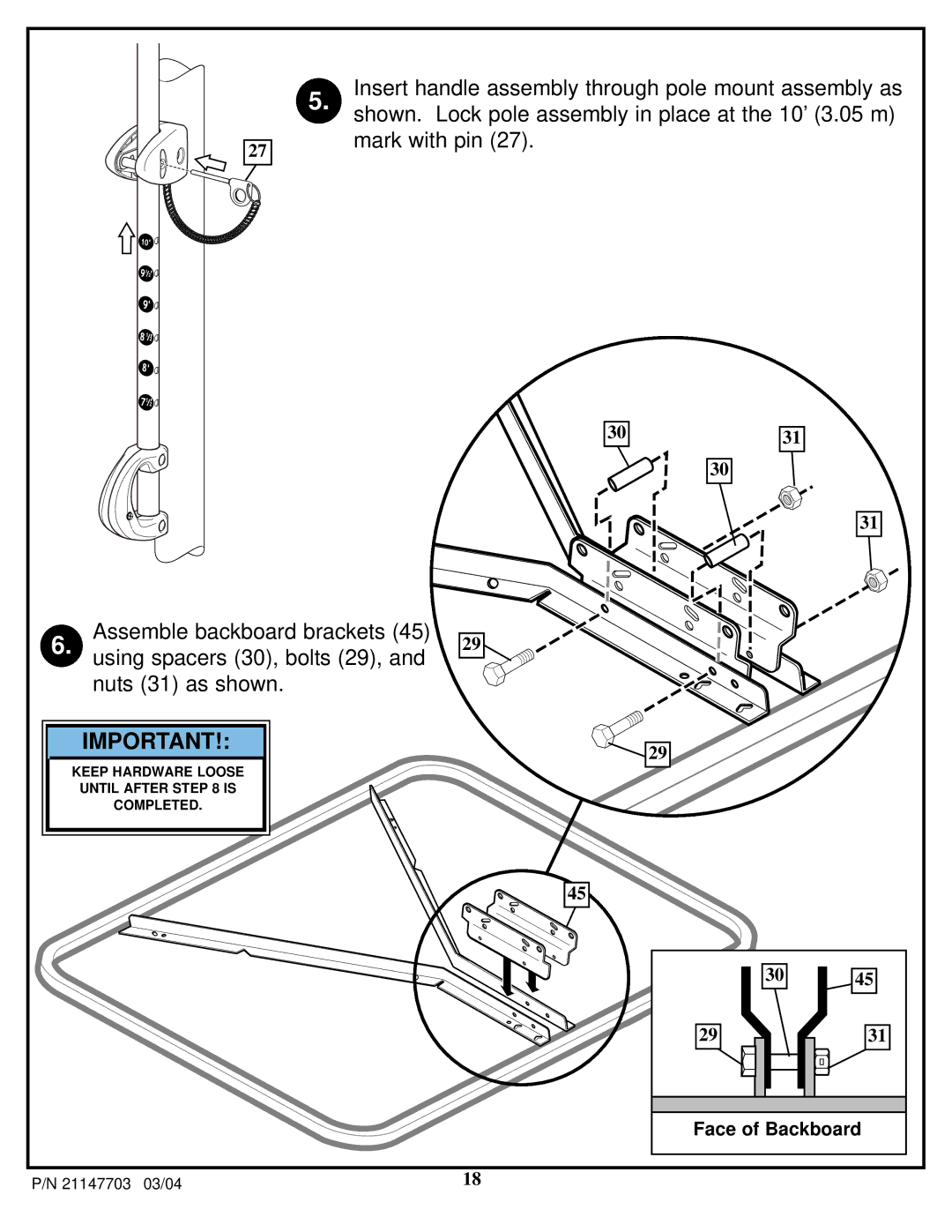 Huffy P/N 21147703 manual Face of Backboard 