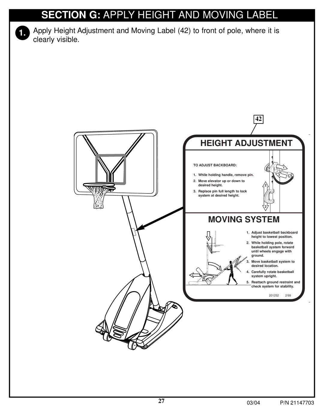 Huffy P/N 21147703 manual Section G Apply Height and Moving Label, Height Adjustment 