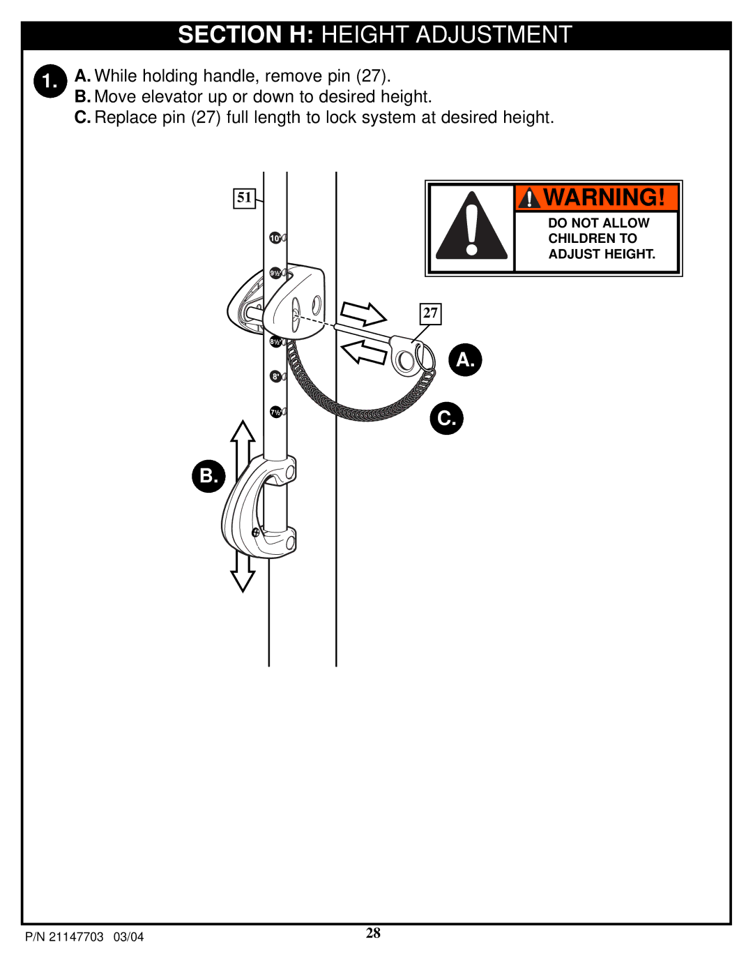 Huffy P/N 21147703 manual Section H Height Adjustment 