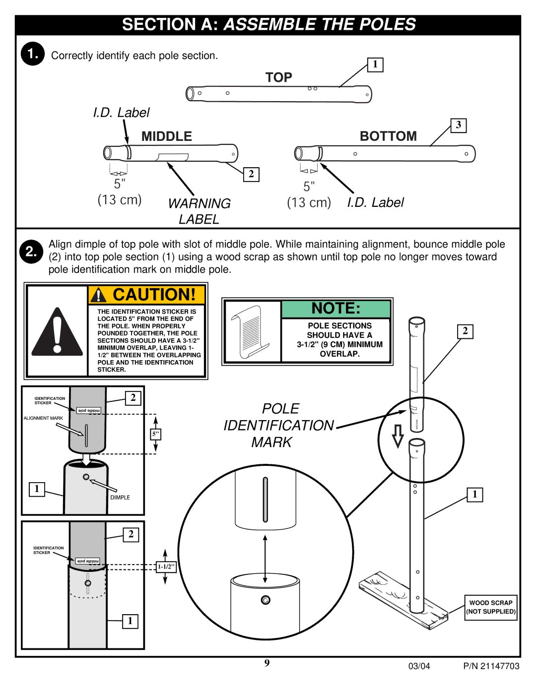 Huffy P/N 21147703 manual Section a Assemble the Poles, Label 