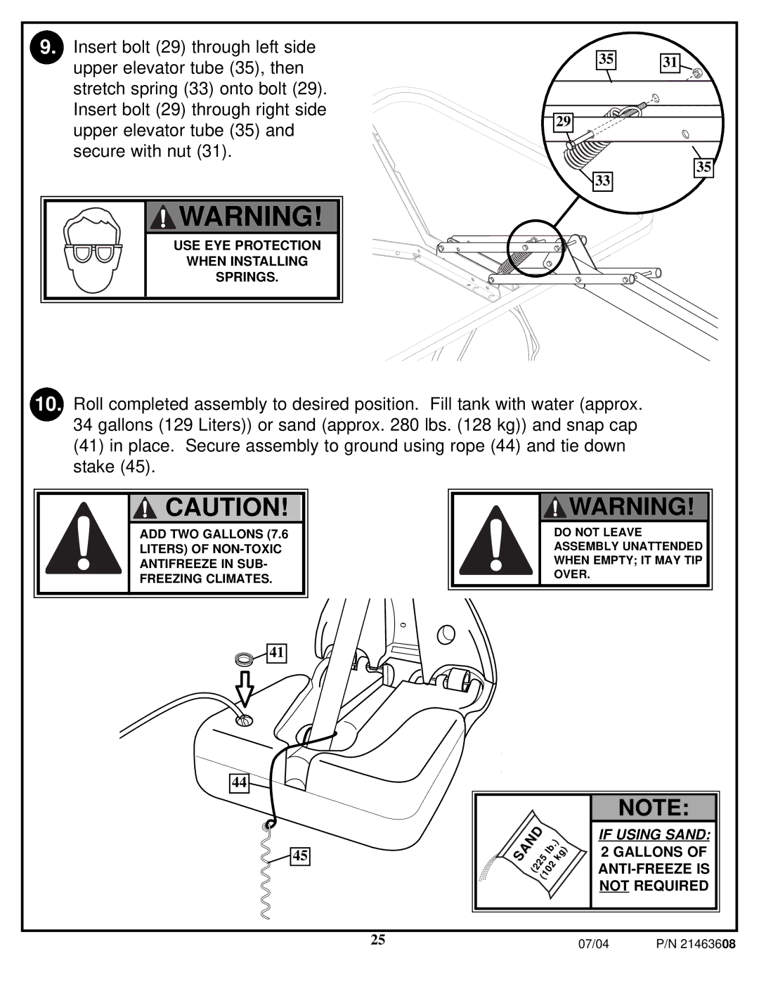 Huffy P/N 21463608 manual If Using Sand 2 Gallons of ANTI-FREEZE is not Required 