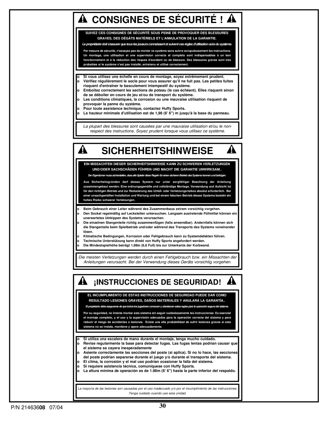 Huffy P/N 21463608 manual Consignes DE Sécurité 