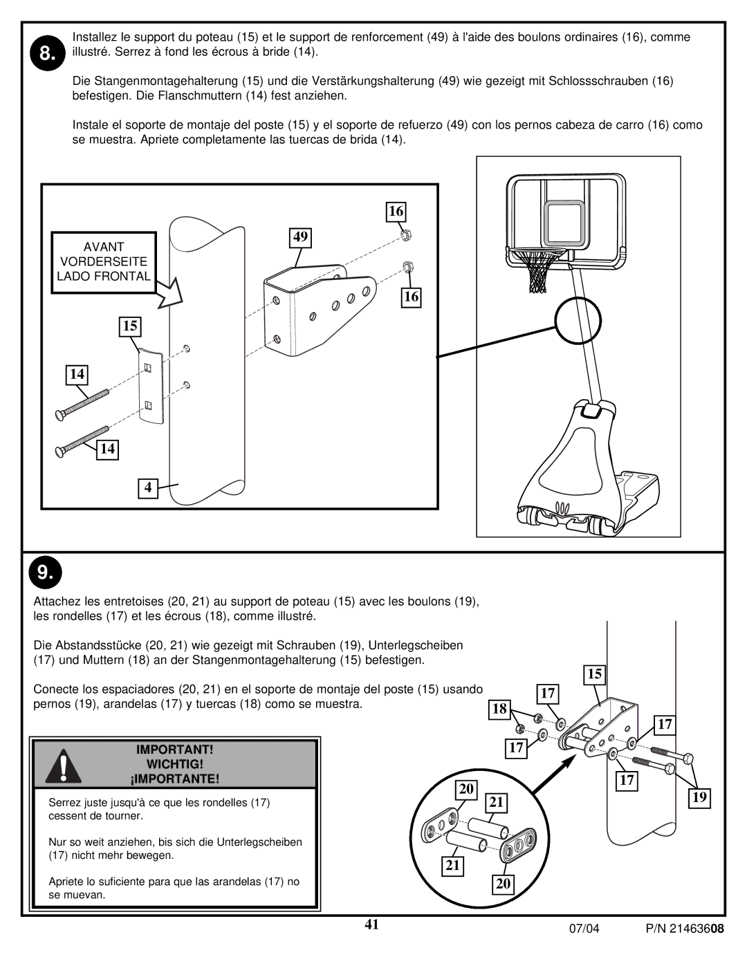 Huffy P/N 21463608 manual Wichtig ¡IMPORTANTE 