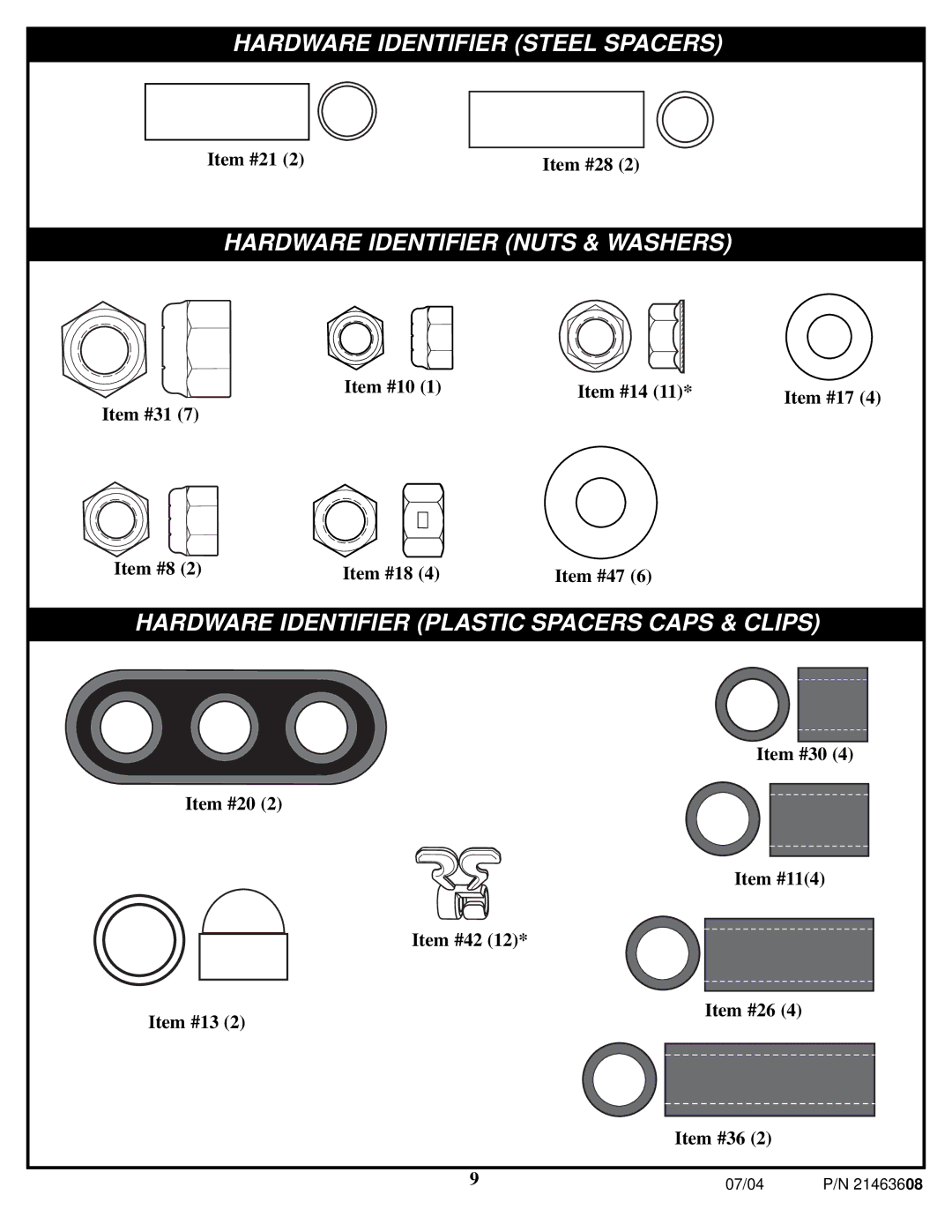 Huffy P/N 21463608 manual Hardware Identifier Plastic Spacers Caps & Clips 