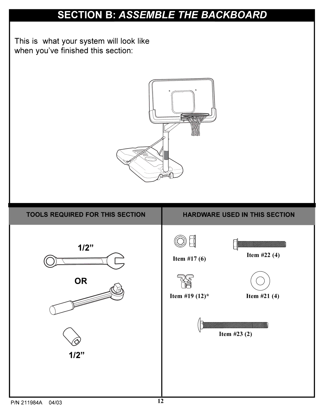 Huffy Pool System manual Section B Assemble the Backboard 