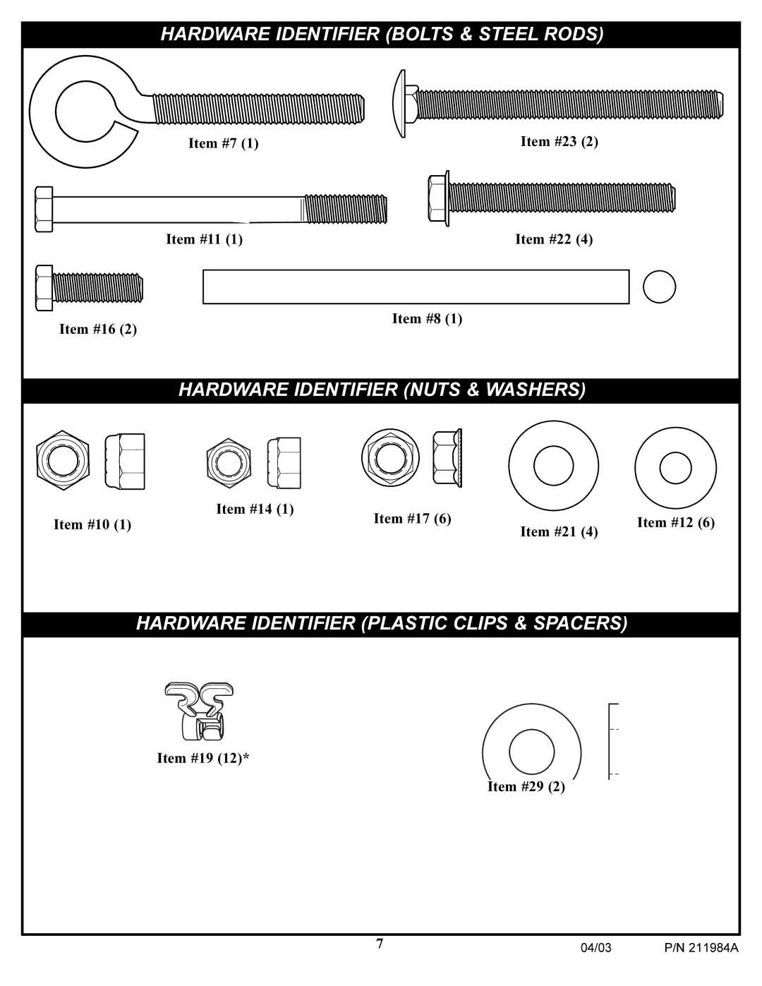 Huffy Pool System manual Hardware Identifier Bolts & Steel Rods 