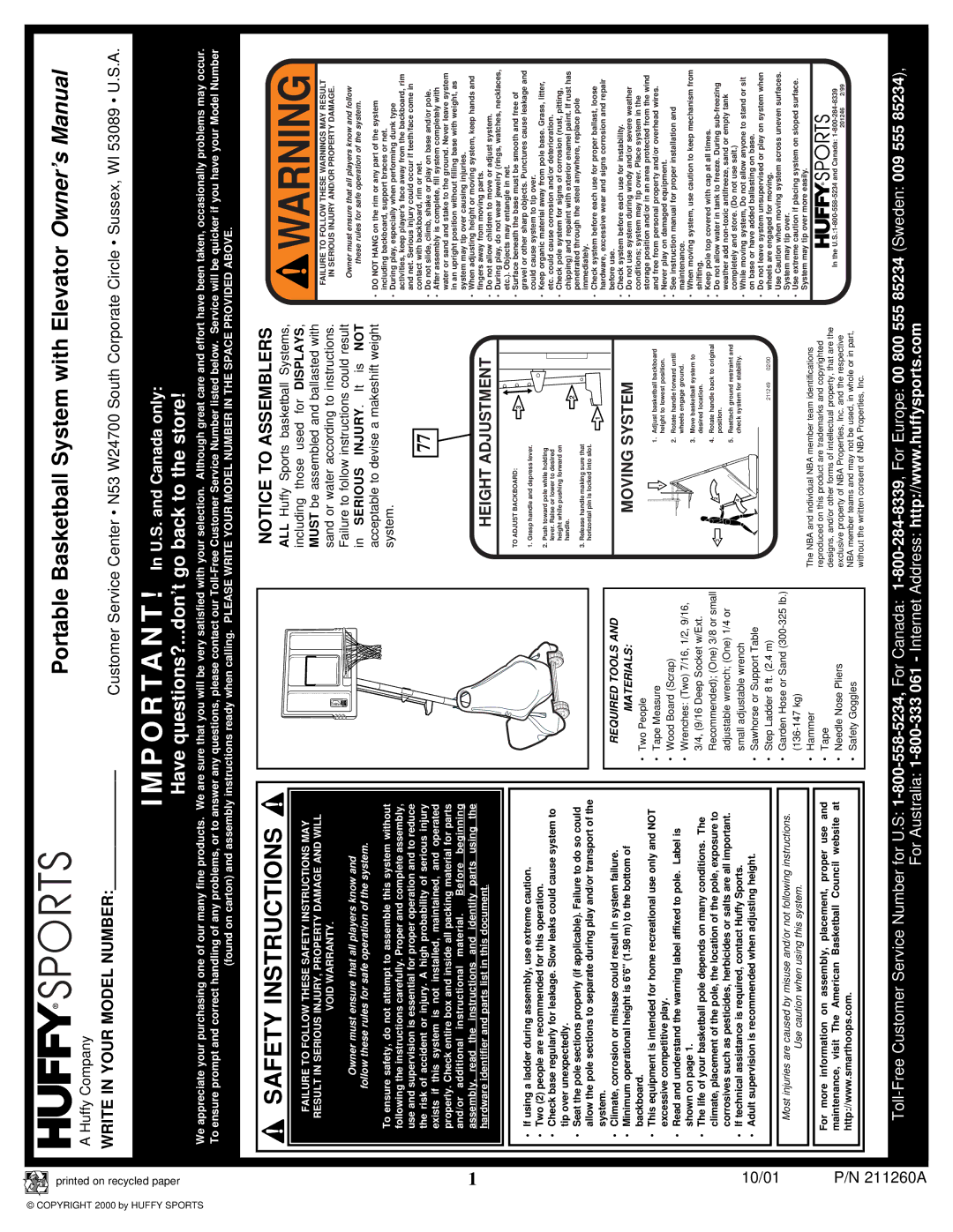 Huffy Portable Basketball System manual Safety Instructions 