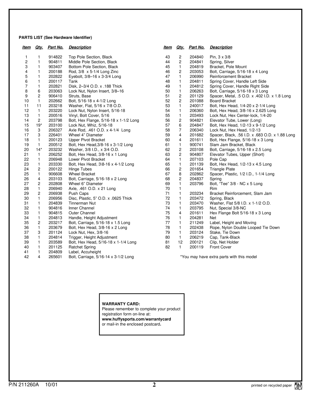 Huffy Portable Basketball System manual 211260A 10/01 