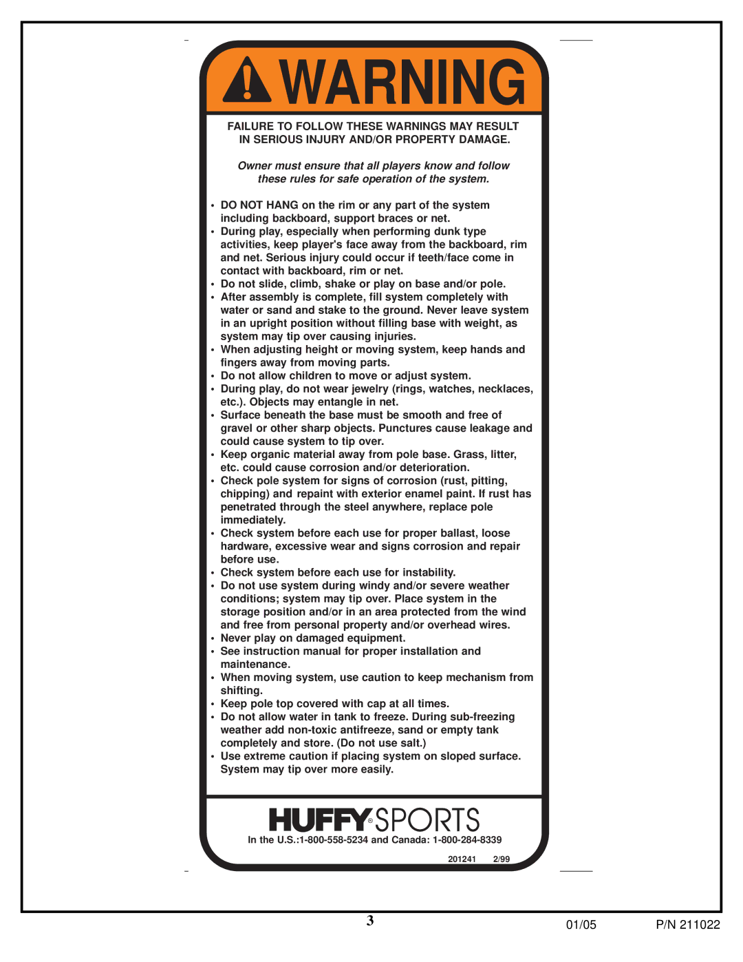 Huffy Portable System manual U.S.1-800-558-5234 and Canada 