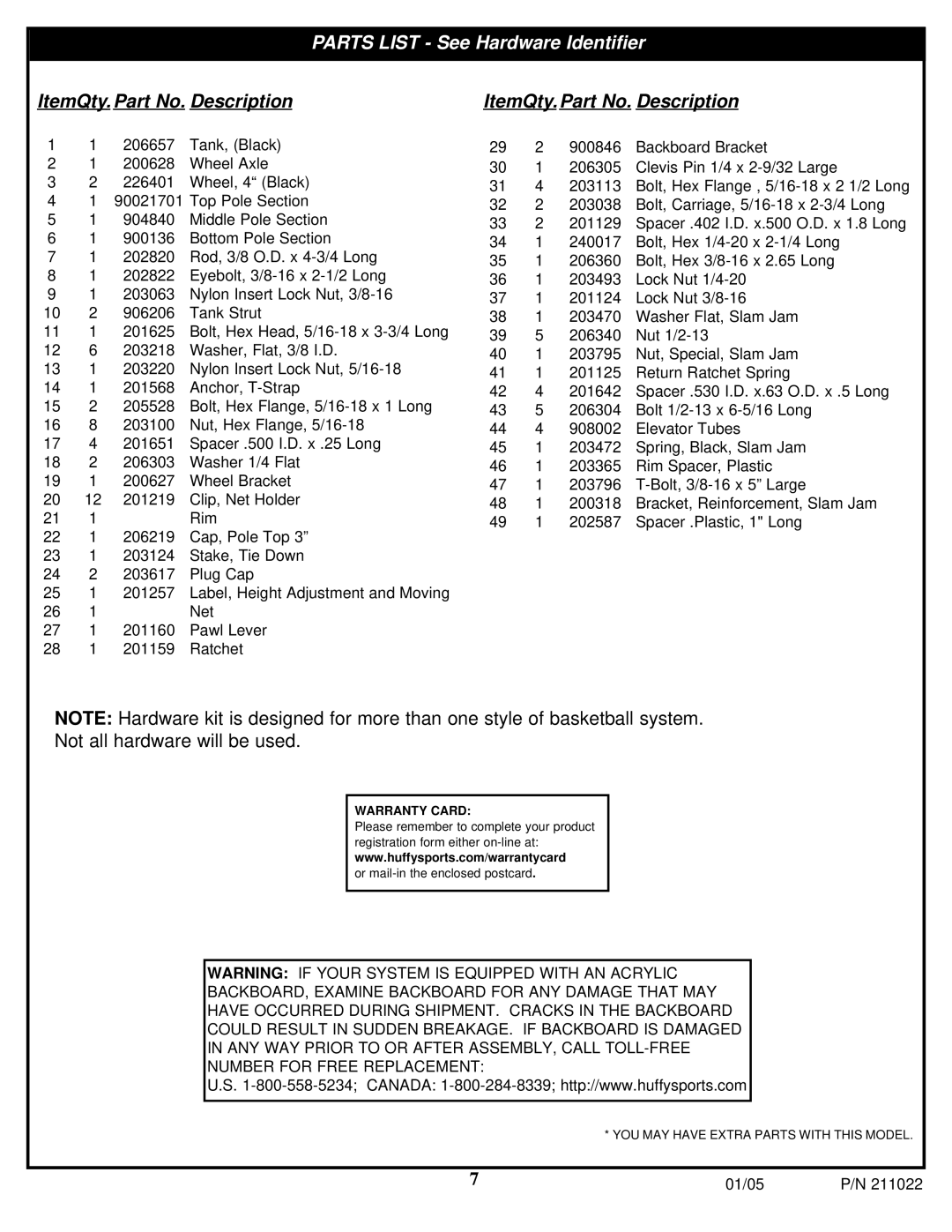 Huffy Portable System manual Parts List See Hardware Identifier 