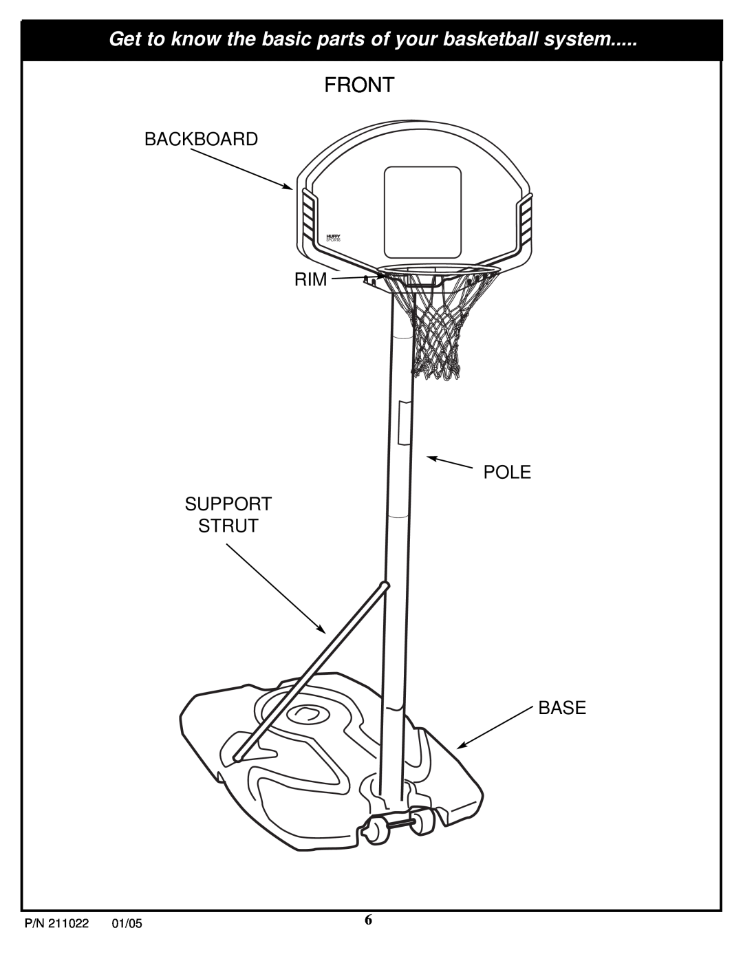 Huffy Portable System Backboard, Pole Support Strut Base, Front, Get to know the basic parts of your basketball system 