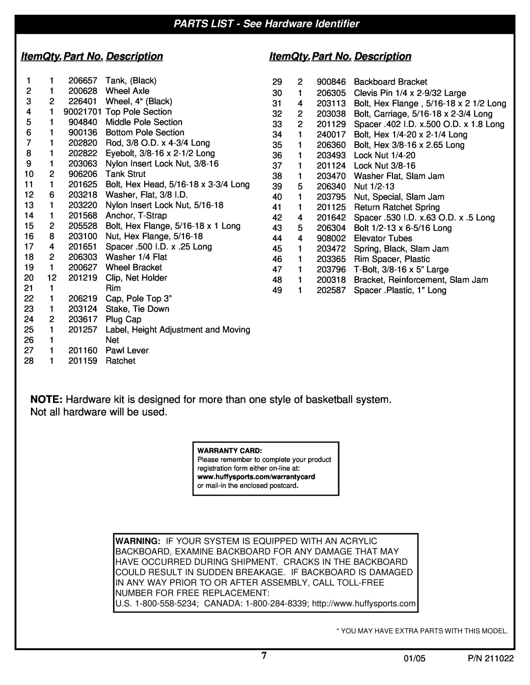 Huffy Portable System PARTS LIST - See Hardware Identifier, ItemQty.Part No. Description, Not all hardware will be used 