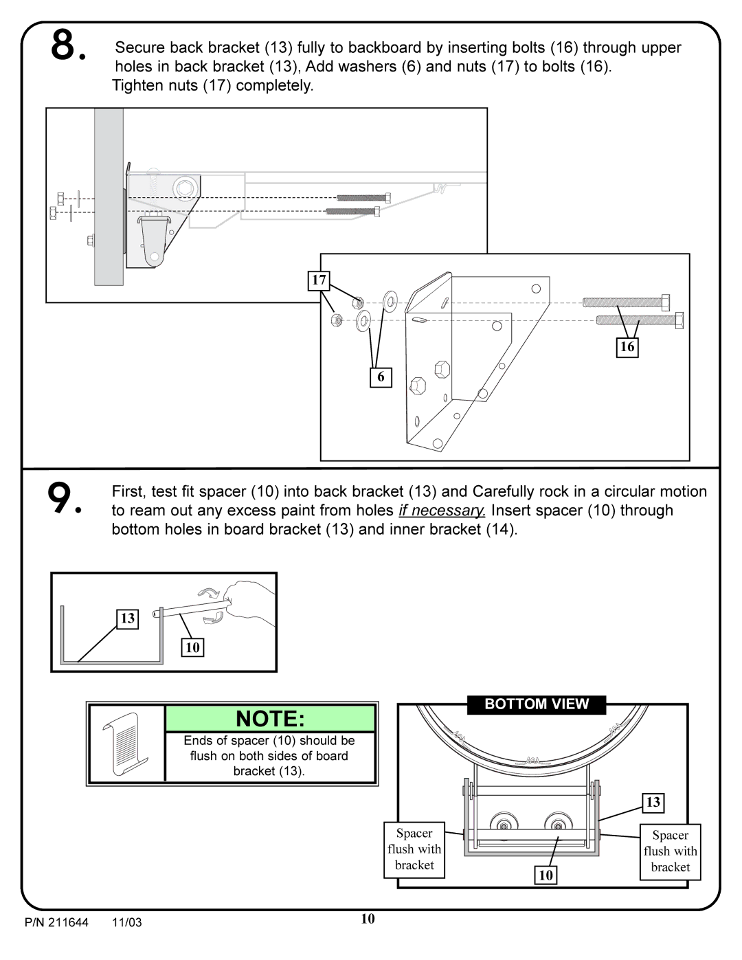 Huffy Pro Image Rim manual Holes in back bracket 13, Add washers 6 and nuts 17 to bolts 