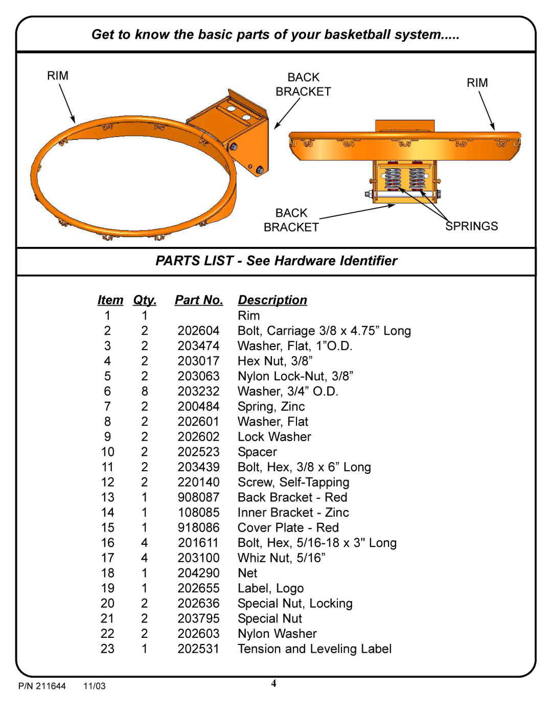 Huffy Pro Image Rim manual Get to know the basic parts of your basketball system 