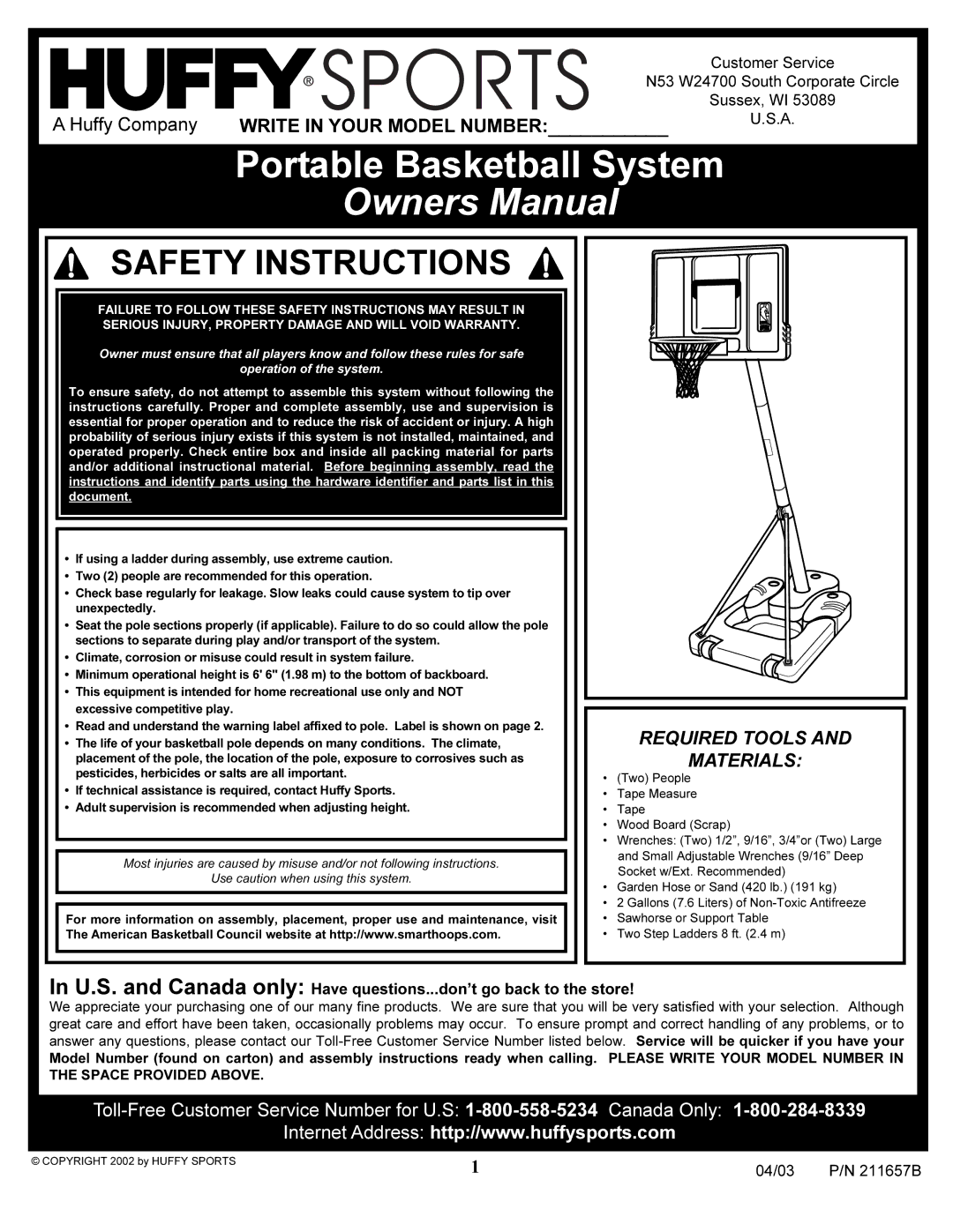 Huffy RC2000MK2, RC9200, RC5200, RC3200 manual Portable Basketball System 