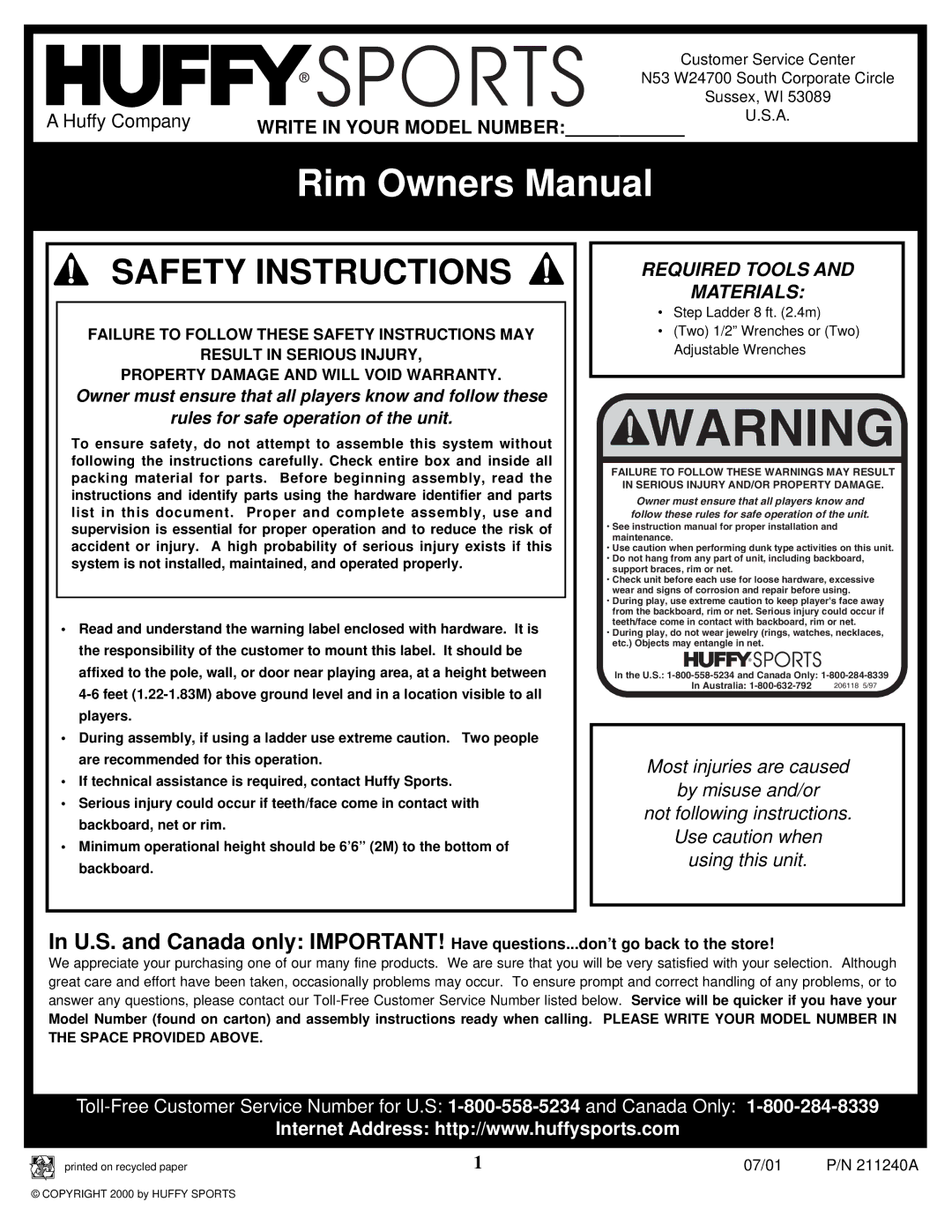 Huffy Rim manual Safety Instructions 