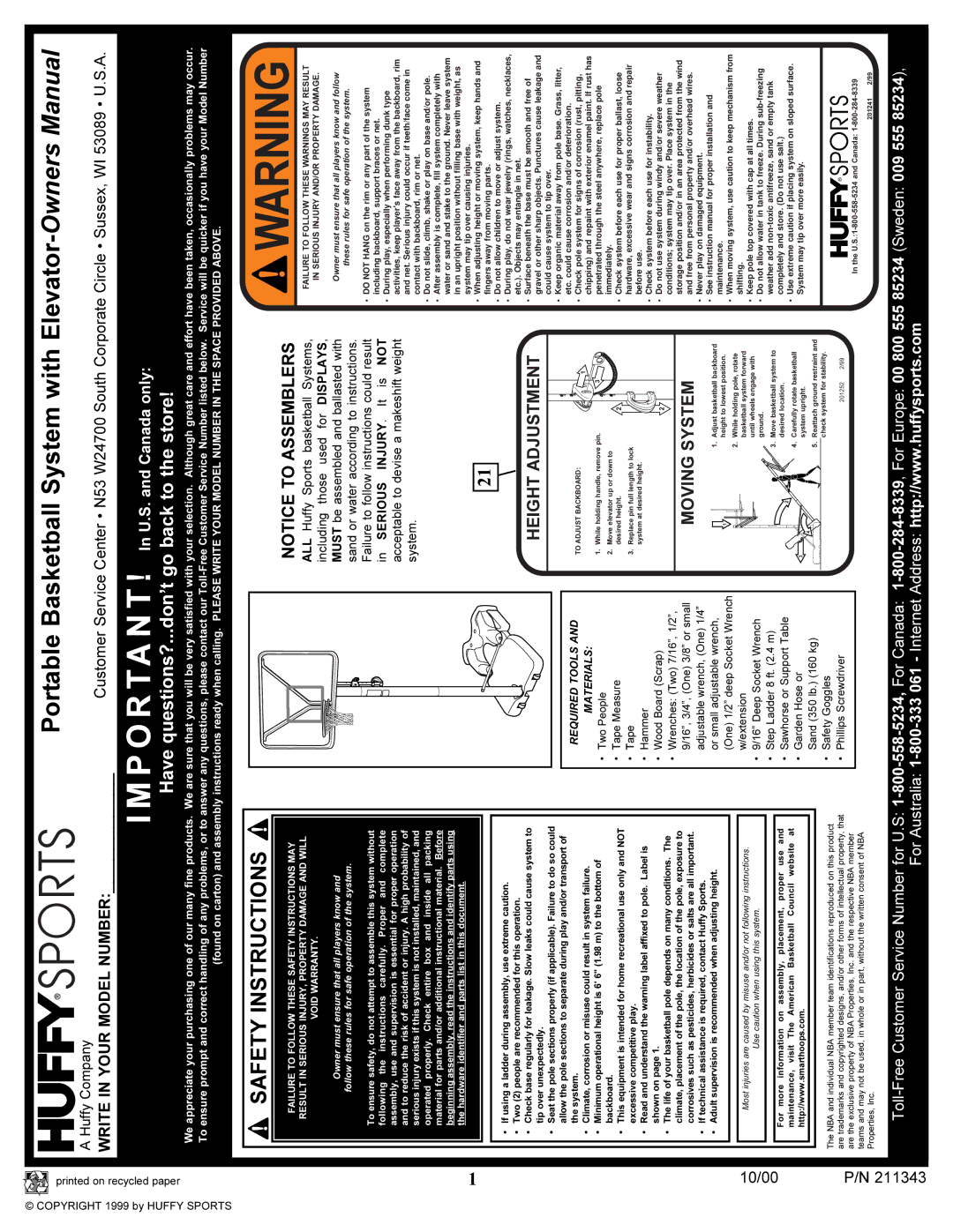 Huffy SA3226, SA3224, SA3245, SA3244, SA3246, SA3225, SA3216, SA3214, SA3215 manual Copyright, Sports, Required Tools Materials 