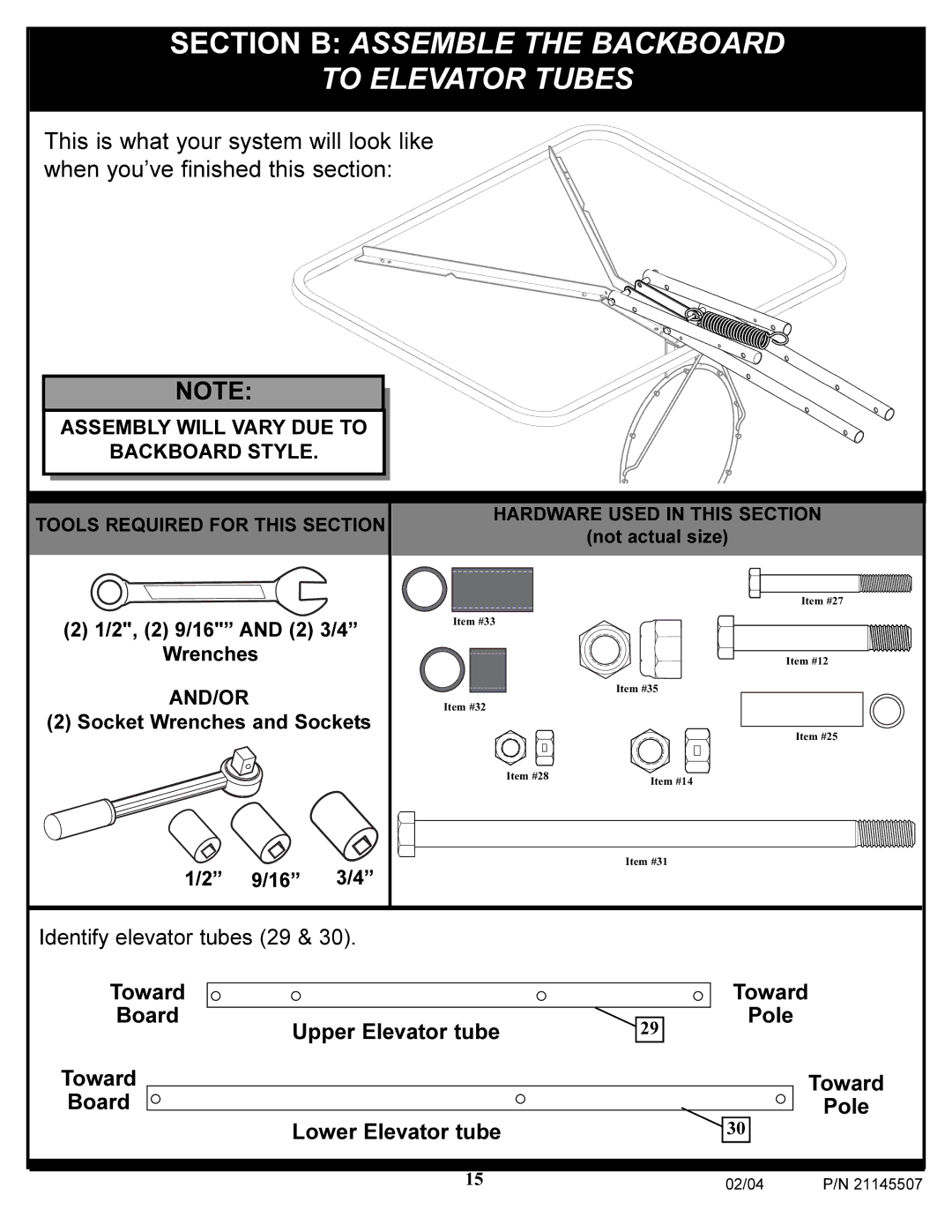 Huffy Sports Basketball Systems manual Section B Assemble the Backboard To Elevator Tubes 