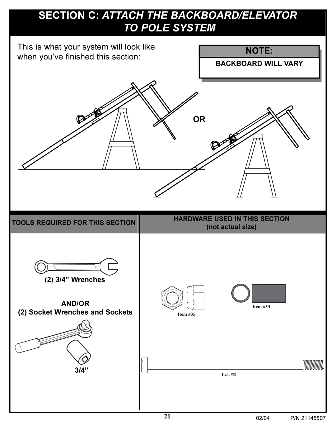 Huffy Sports Basketball Systems manual Section C Attach the BACKBOARD/ELEVATOR To Pole System 