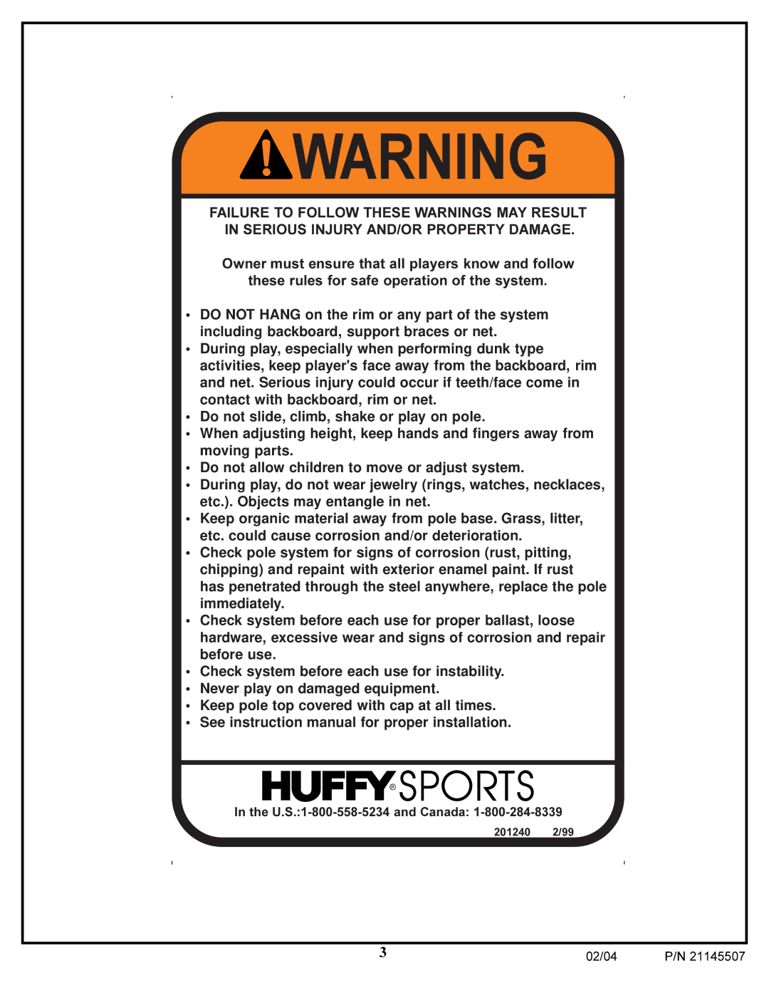 Huffy Sports Basketball Systems manual U.S.1-800-558-5234 and Canada 