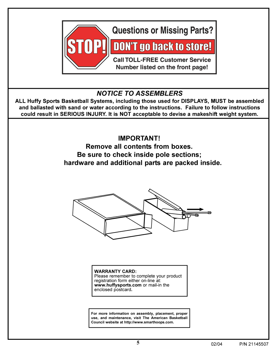 Huffy Sports Basketball Systems manual Warranty Card 