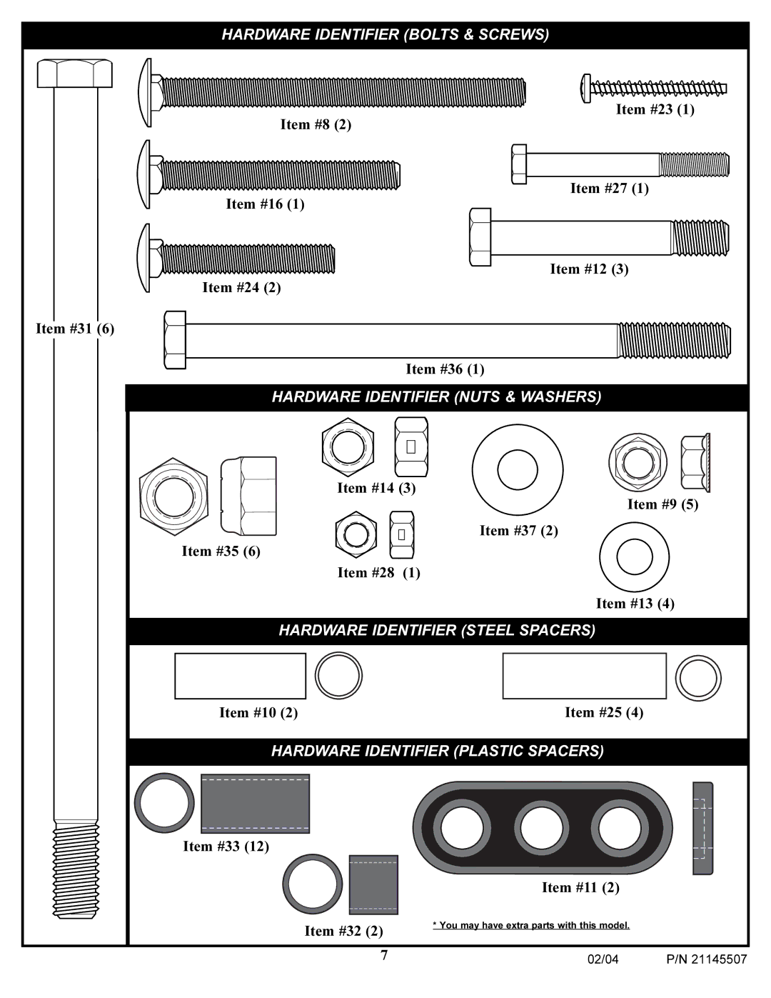 Huffy Sports Basketball Systems manual Hardware Identifier Bolts & Screws 