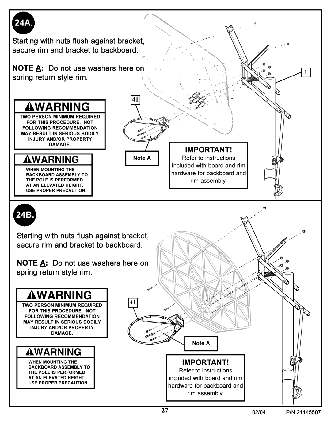 Huffy Sports Basketball Systems manual NOTE A Do not use washers here on spring return style rim, Note A, 02/04 