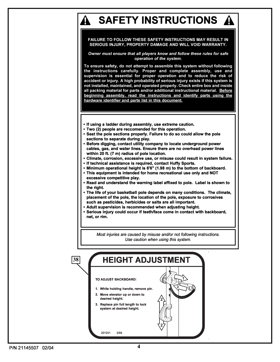Huffy Sports Basketball Systems manual Safety Instructions, Height Adjustment, P/N 21145507 02/04 