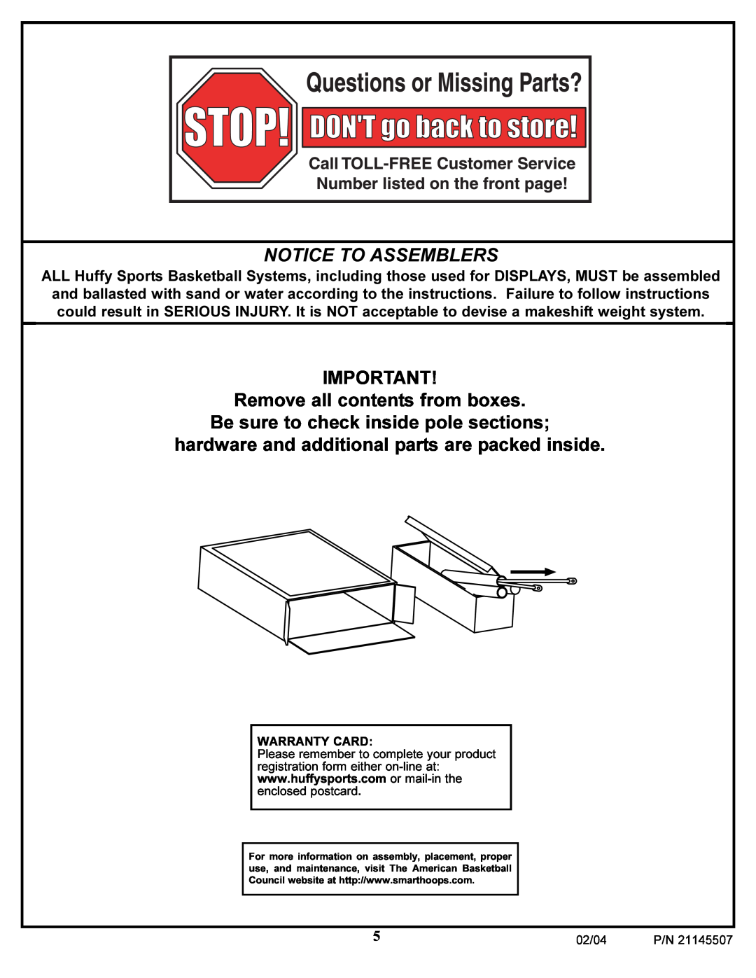 Huffy Sports Basketball Systems manual Notice To Assemblers, Remove all contents from boxes 