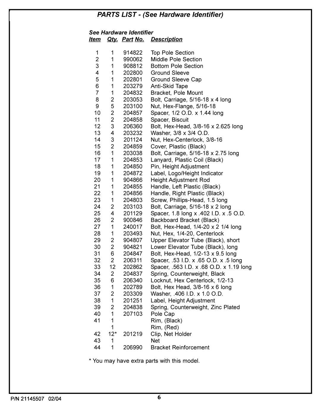 Huffy Sports Basketball Systems manual PARTS LIST - See Hardware Identifier 