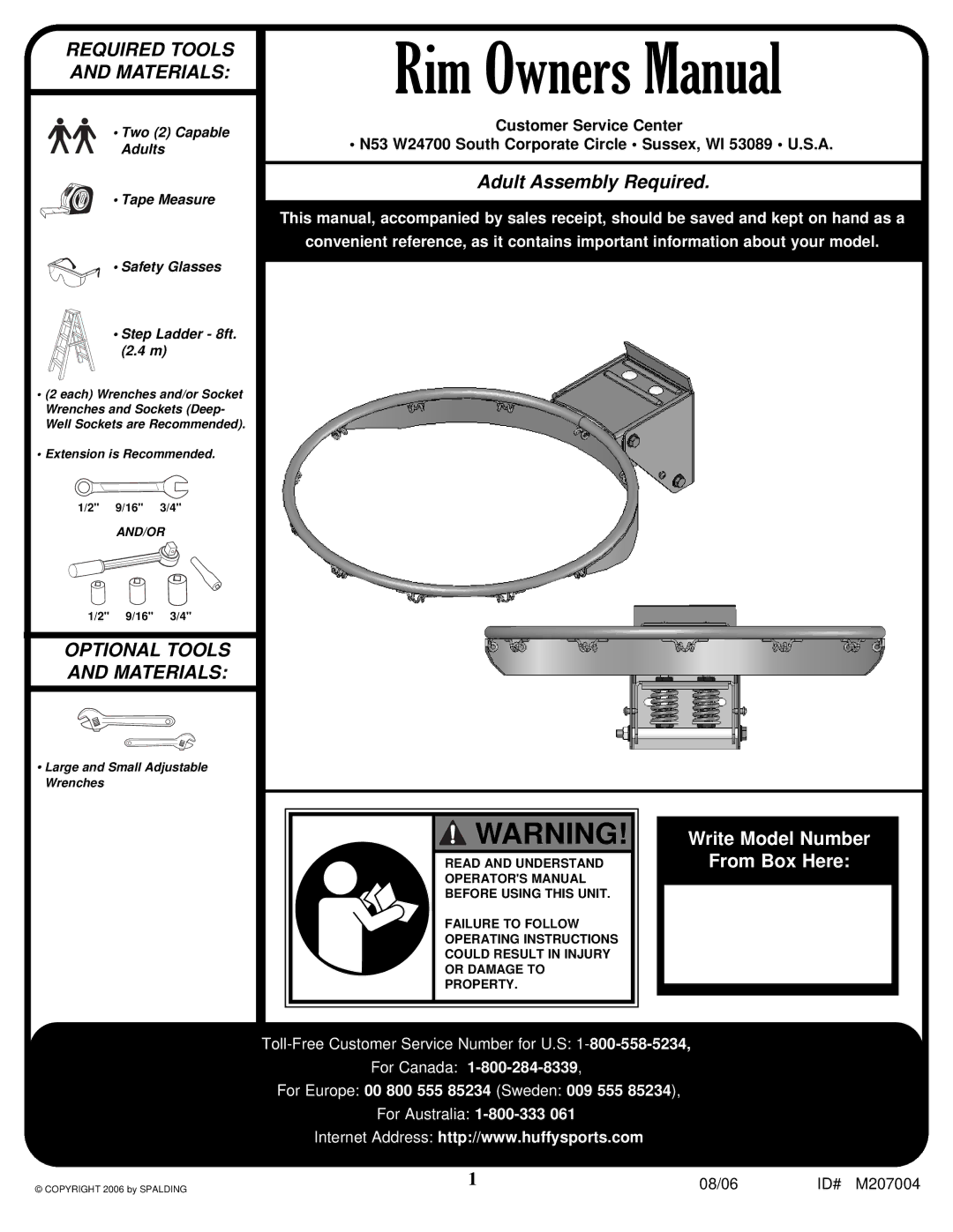 Huffy SR-VDA300U manual Required Tools and Materials 