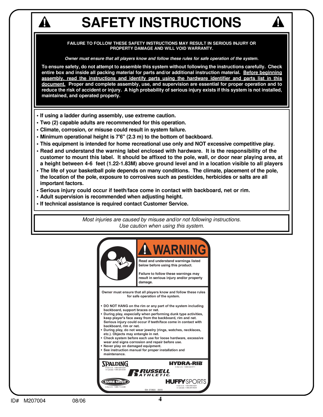 Huffy SR-VDA300U manual Safety Instructions 