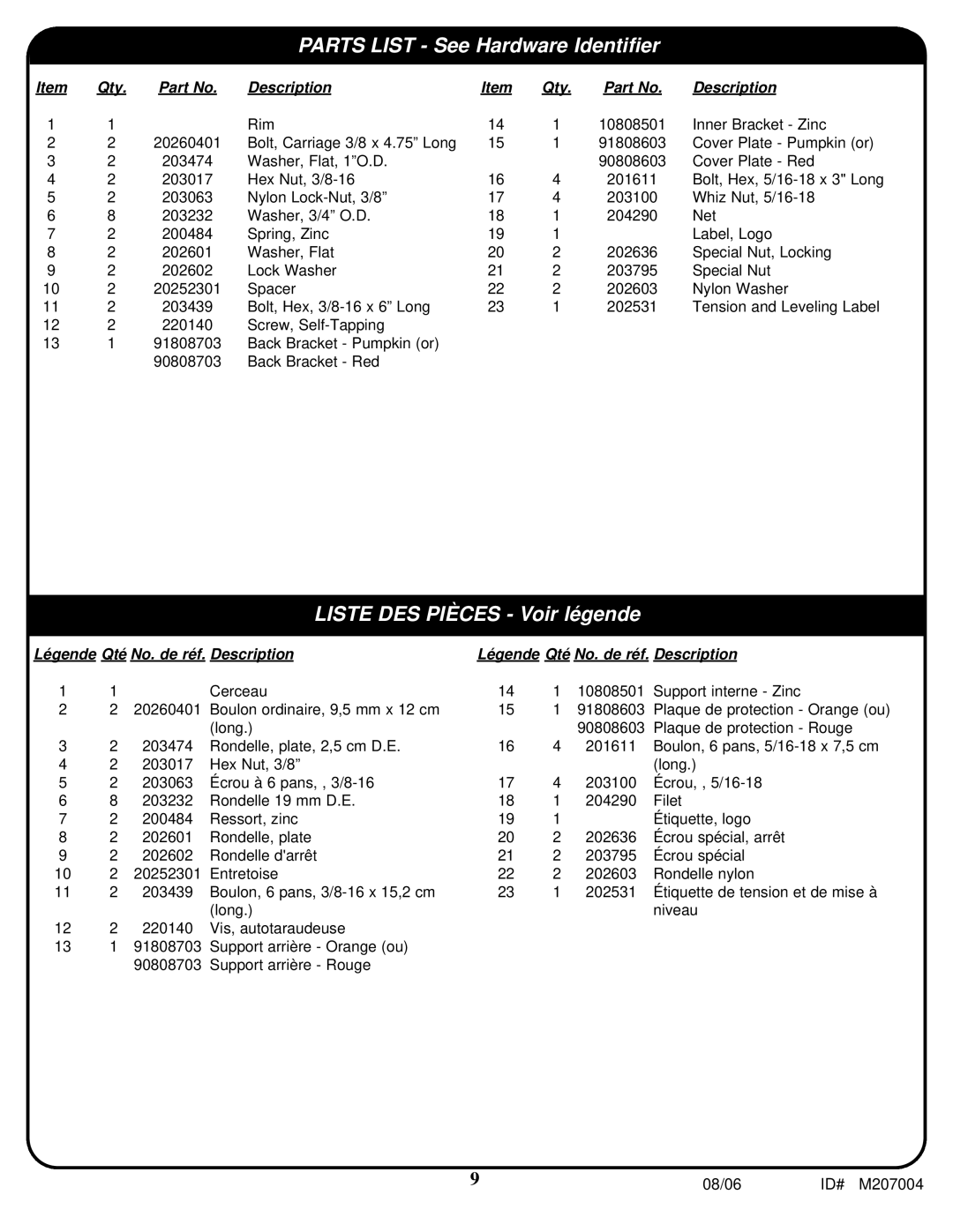 Huffy SR-VDA300U manual Parts List See Hardware Identifier 