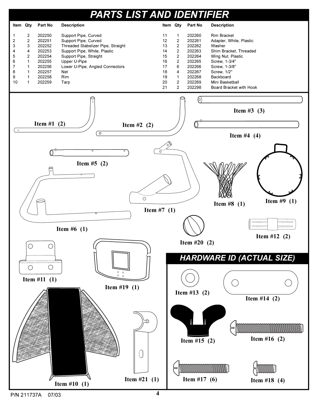 Huffy Table-Top Basketball Game manual Parts List and Identifier 