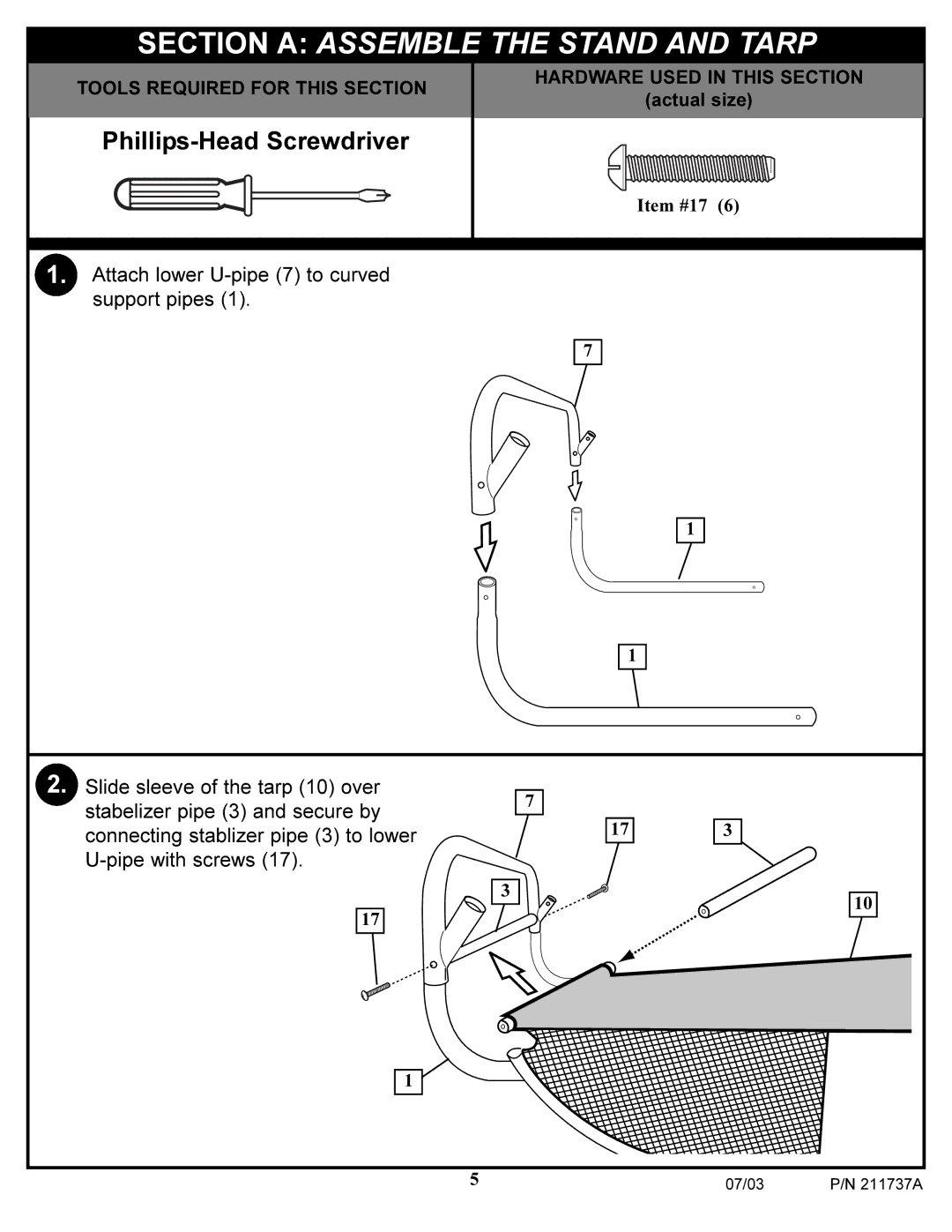 Huffy Table-Top Basketball Game manual Section a Assemble the Stand and Tarp, Phillips-Head Screwdriver 