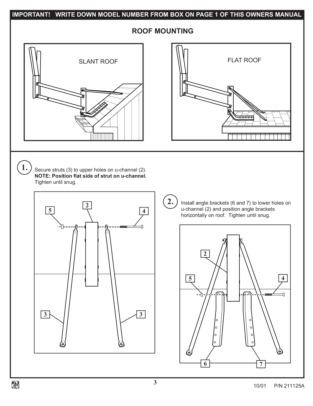 Huffy Universal Elevator Mount manual Roof Mounting, Install angle brackets 6 and 7 to lower holes on 