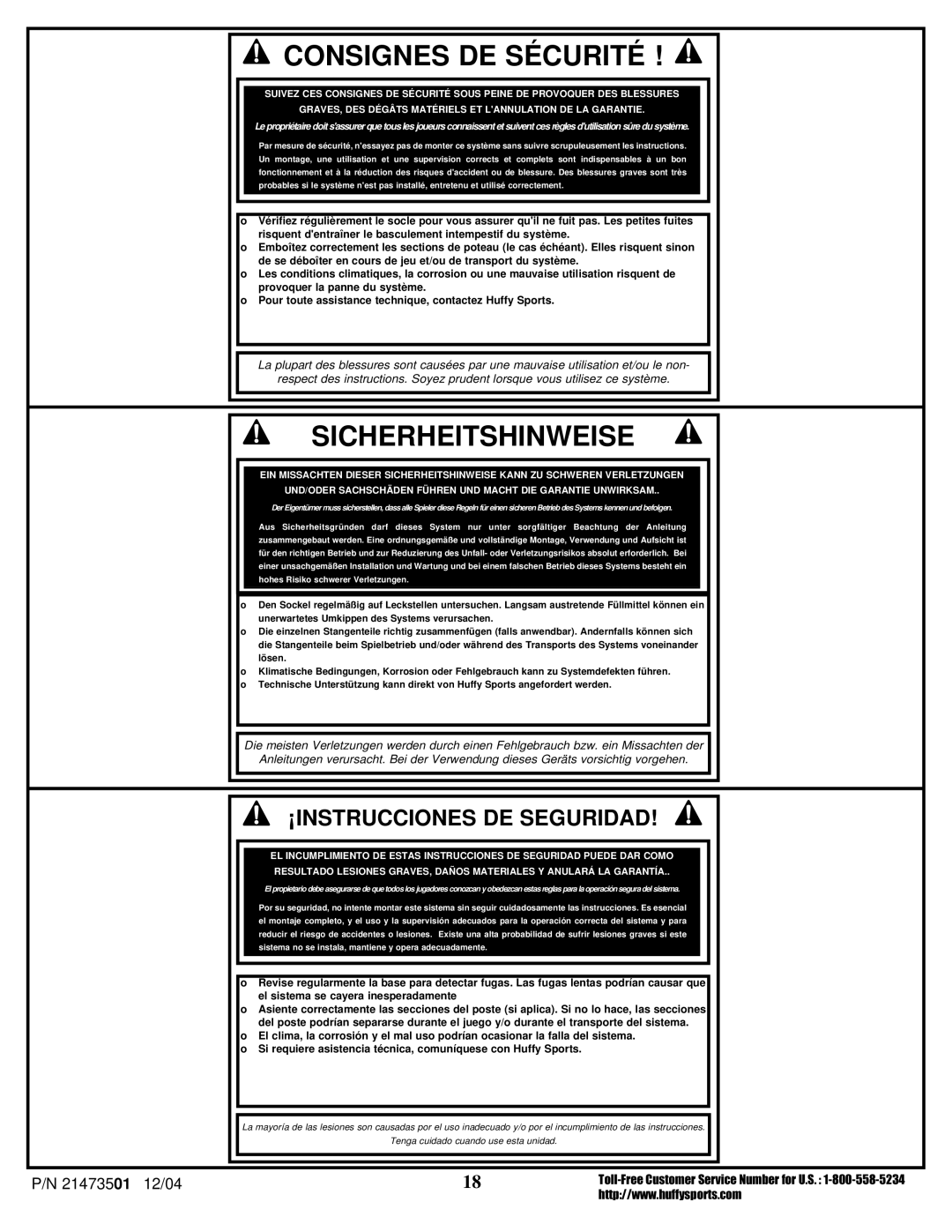 Huffy V 450, V 600 manual Consignes DE Sécurité 