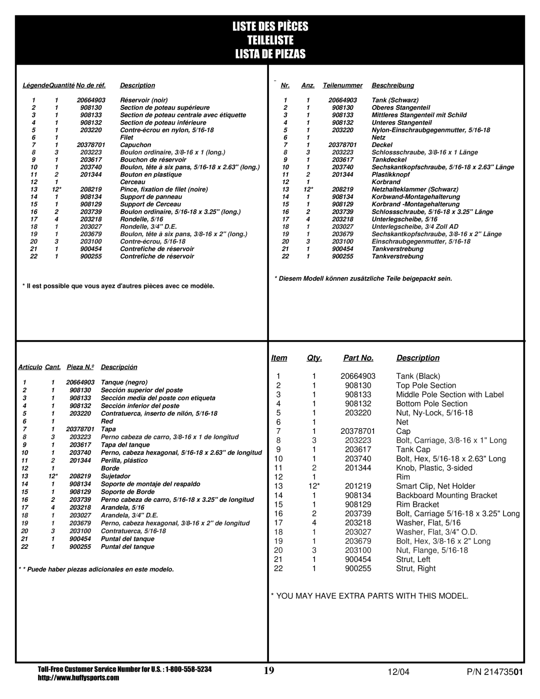 Huffy V 600, V 450 manual Liste DES Pièces Teileliste Lista DE Piezas 