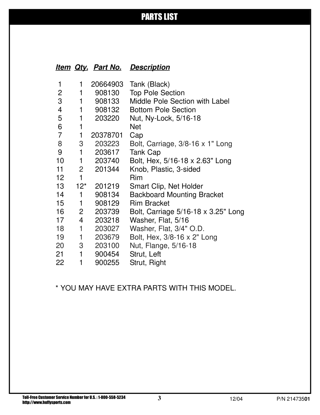 Huffy V 600, V 450 manual Parts List 