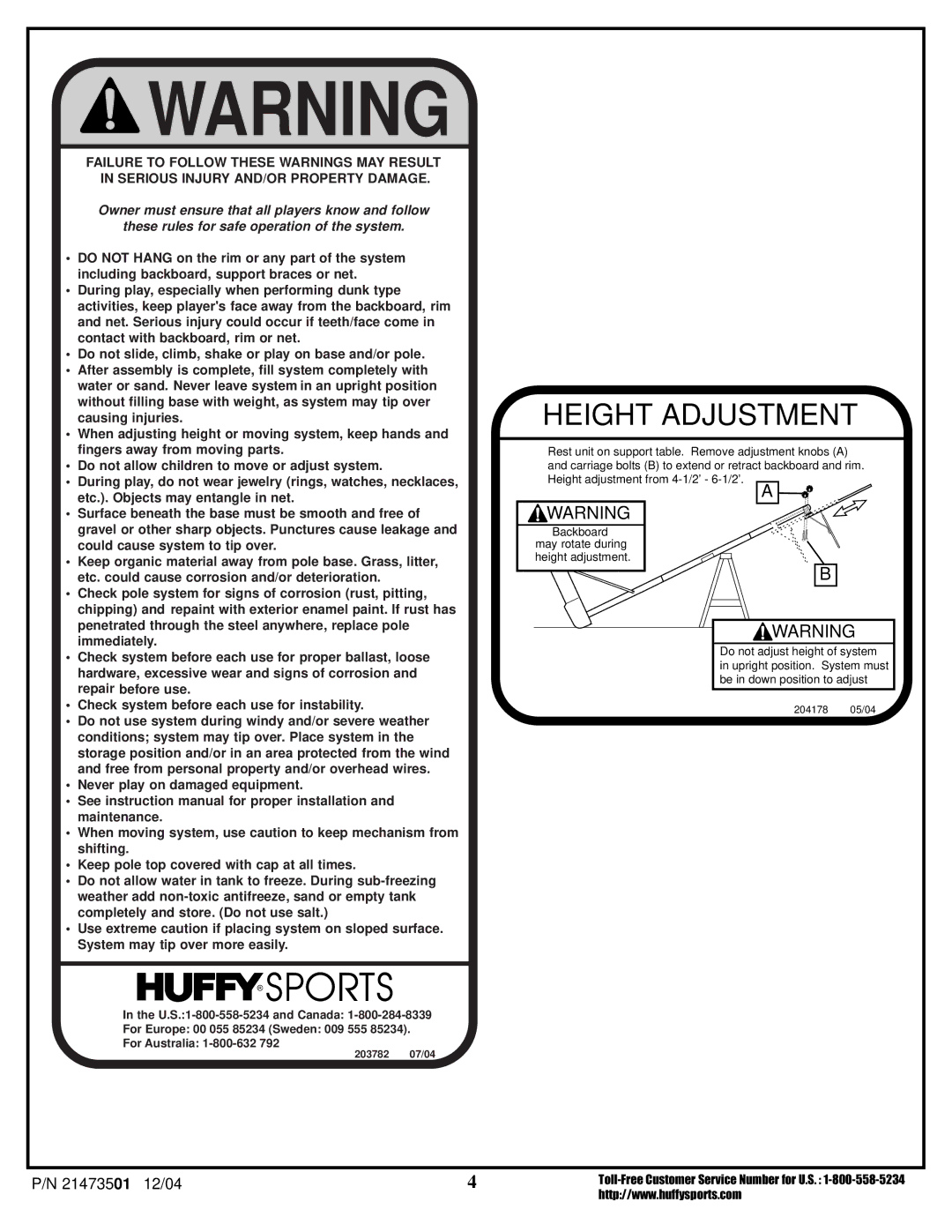 Huffy V 450, V 600 manual Height Adjustment 