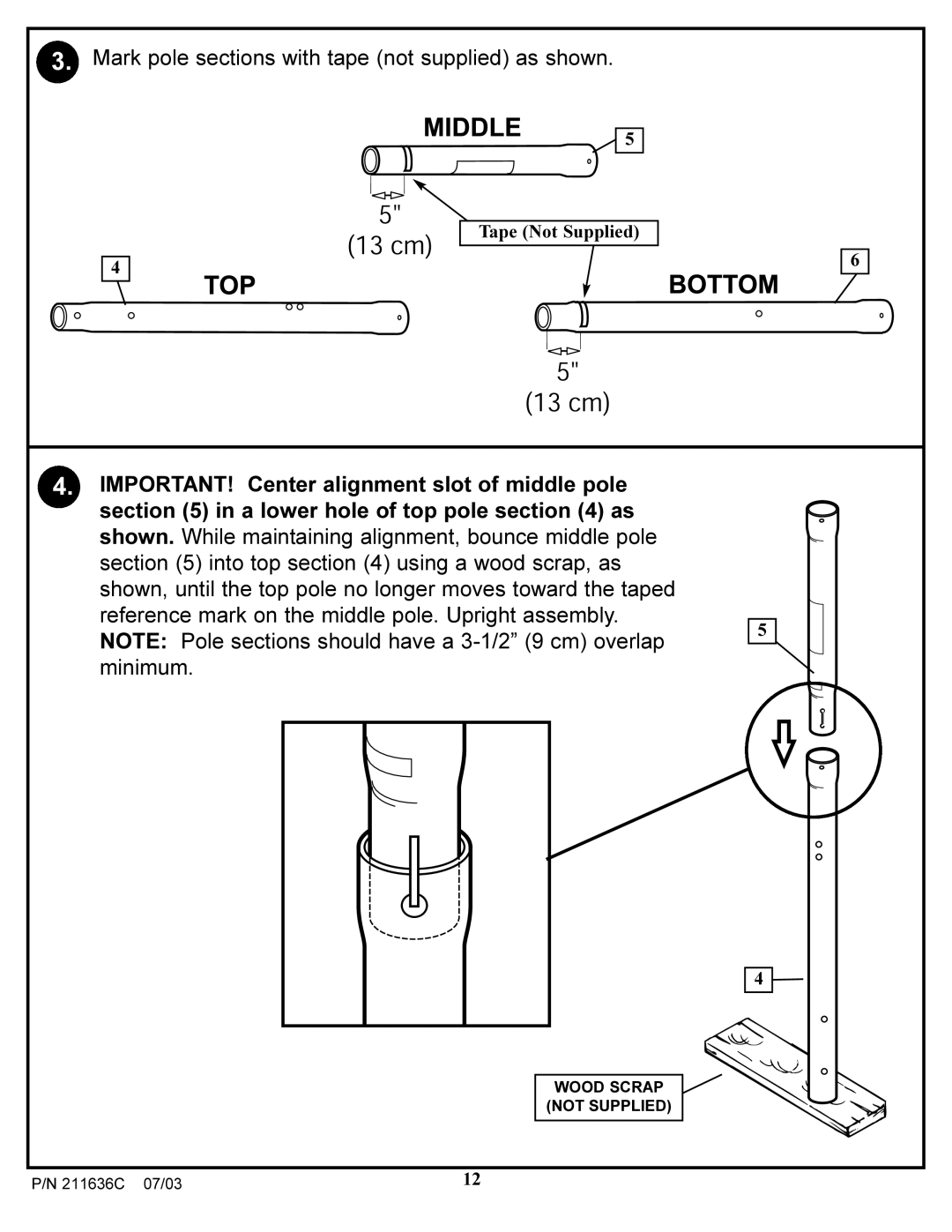 Huffy VP8100 manual Mark pole sections with tape not supplied as shown 