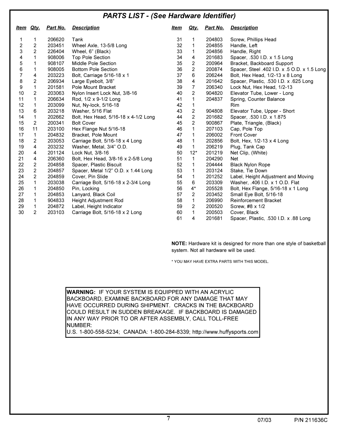 Huffy VP8100 manual Parts List See Hardware Identifier 