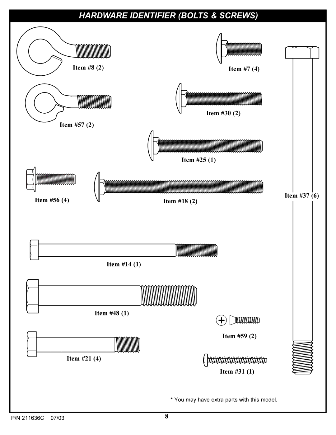 Huffy VP8100 manual Hardware Identifier Bolts & Screws 